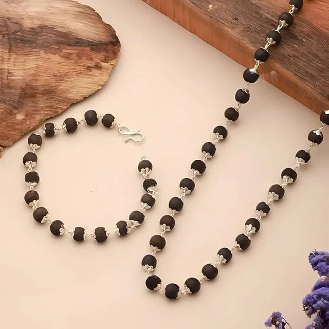 Silver Plated Karungali Mala + Karungali Bracelet Combo